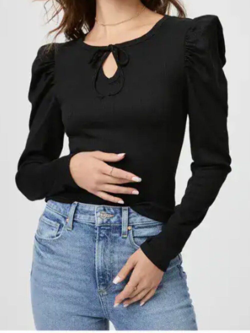 PAIGE Lorna Top Black Ribbed Keyhole Tie Neck Puff Sleeve Striped Size XS